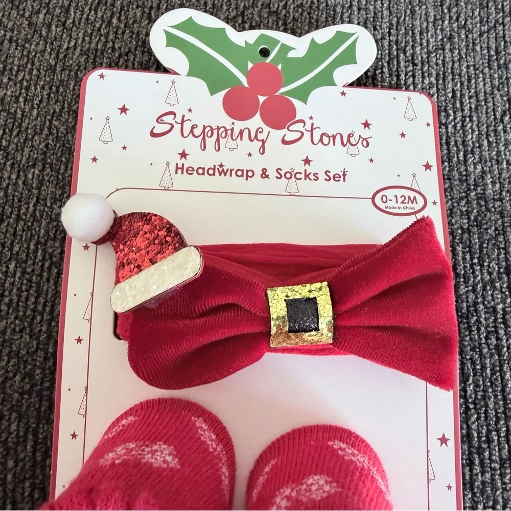 Stepping Stones Red Santa Headwrap & Socks Set 0-12 months NWT